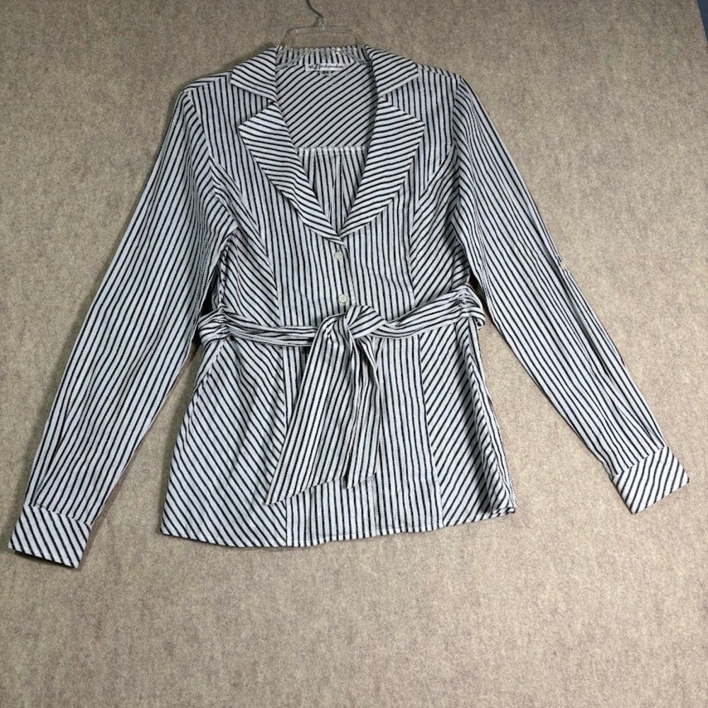 Bushwacker Striped Top Women Size 8 Black White Cotton Tie Waist Preppy Blouse